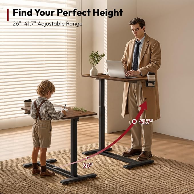 SANODESK Medical Adjustable Overbed Bedside Table with Hidden Casters, Pneumatic Mobile Laptop Computer Standing Desk Cart with Tray, Hospital and Home Use(27.6" W x 15.7" D, Walnut)