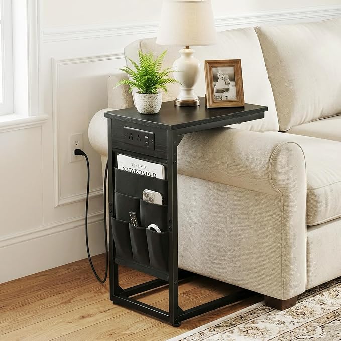 AMHANCIBLE C Shaped End Table with Charging Station, Couch Side Tables that Slide Under Sofa with Storage Bag, Slim TV Tray with USB Ports for Living Room, Bedroom, Black, HET04CBK