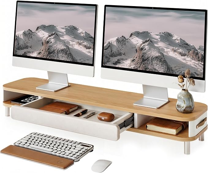 Fenge Monitor Stand with Large Drawer, 42.5 Inch Dual Monitor Riser for 2 Monitors, Ergonomic Computer Desk Shelf with Soft Touch Leather & Storage Organizer for Laptop, Computer, TV, PC, Printers