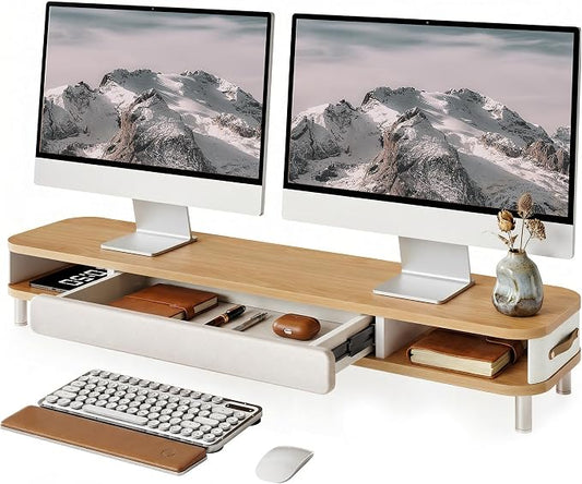 Fenge Monitor Stand with Large Drawer, 42.5 Inch Dual Monitor Riser for 2 Monitors, Ergonomic Computer Desk Shelf with Soft Touch Leather & Storage Organizer for Laptop, Computer, TV, PC, Printers