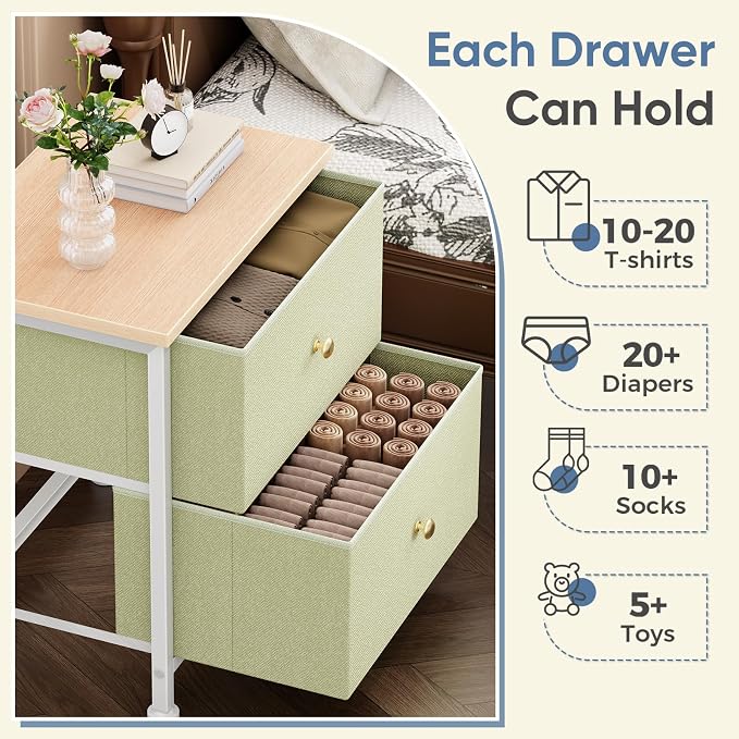 DUMOS Nightstand, Bedside Table for Bedroom, Small Dresser, 2 Fabric Drawer | Side/End Tables with Drawers, Storage Cabinet Furniture, 20 Inch Night Stand for Closet, Entryway, Light Green