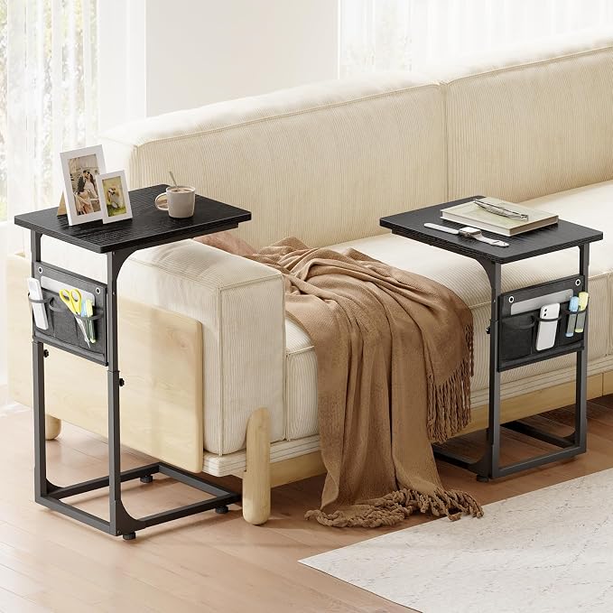 Fixwal C Shaped End Table Adjustable Height Side Table for Couch, TV Tray with Storage Bag Slide Under Sofa Small Tables for Living Room, Bedroom & Office, Black