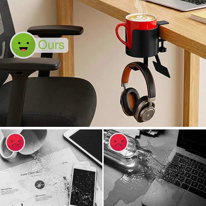 MYITYARD 3 in 1 Desk Cup Holder Clamp, Clip On Table Cup Holder with Headphone Hook & Power Strip Holder, Rotatable Water Bottle Drink Coffee Mug Organizer, Gaming Accessories for Home and Office
