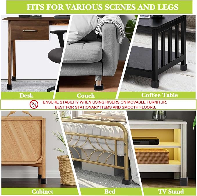 4 Pack Furniture Risers 2 Inch, Adjustable Bed Risers Heavy Duty for Table Desk Couch Chair Sofa Cabinet Bed Legs Dorm, Square Stackable Bed Raisers Blocks Lift Height 1", 2",3"or 4", Black