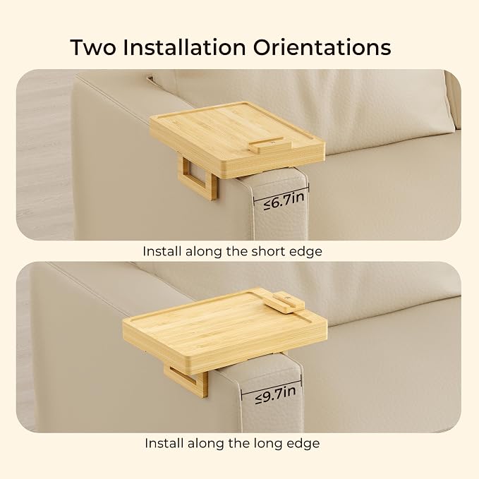 Wealone Bamboo Couch Arm Tray for Wide Couch, Sofa Arm Clip Table with Storage Box, Couch Armrest Tray with 360°Rotating Phone Holder, Sofa Arm Table Clip for Eating, Drinks or Dining