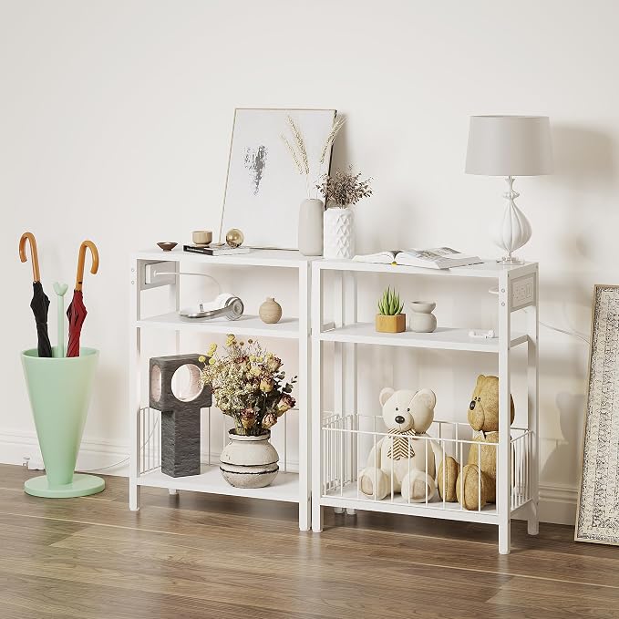 TRIFEBLE Narrow Side Table with Charging Station, Small End Table for Small Spaces, Slim Nightstand with Storage Basket, 3 Tier Skinny Bedside Table for Living Room, Bedroom, White