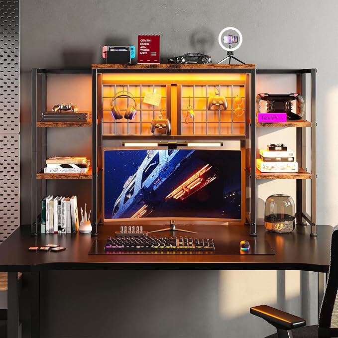 REIBII Desk Shelf with LED Light Strip,Adjustable 45.1" Desk Hutch Dorm with 5 Tier Display Shelf Rack,Desktop Bookshelf with Grid Panel & Hooks for Home, Office and Dorm, Rustic Brown
