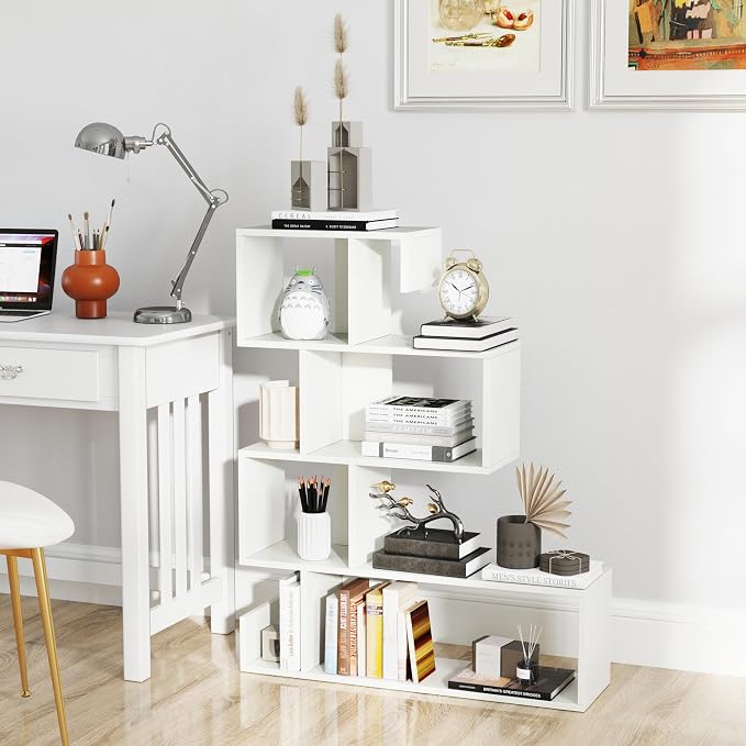5 Tier Geometric Bookshelf, S-Shaped Z Shelf Bookshelves and Bookcases, Modern Decorative Storage Shelving, Wooden Display Bookcase for Living Room Home Office (White)
