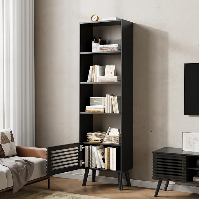 Furnify Open Shelf Cube Bookcase, 68" Tall Freestanding Bookshelf, Slatted Door Narrow Corner Bookcase with 5 Cubes, Mid-Century Modern Display Storage Cabinet for Living Room, Home Office, Black