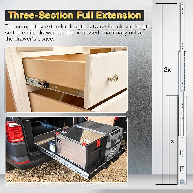 YENUO Heavy Duty Drawer Slides Full Extension Side Mount 12 14 16 18 20 22 24 26 28 30 32 34 36 40 Inch Metal Rails Track Guide Glides Runners 100 Lbs 1 Pair (Without Lock, 40 inch)