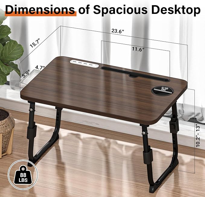 Lap Desk for Bed, Adjustable Laptop Desk with USB Charging Port, Storage Drawer & Bookshelf — Foldable Bed Desk for WFH & Students, 23.6" Desktop Fits 21" Laptop, Non-Slip, Walnut