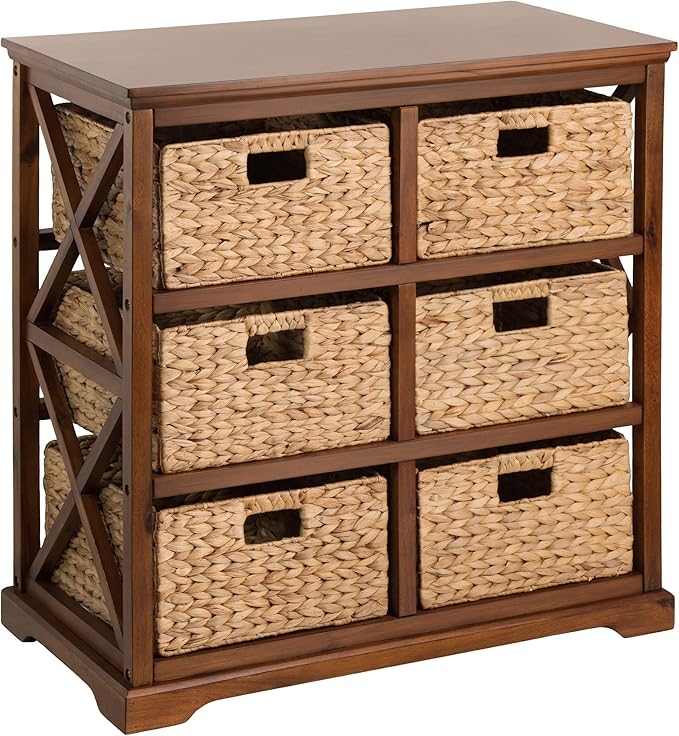 eHemco Hampton Meadows 3 Tier X-Side End Storage Cabinet with 6 Wicker Baskets, Walnut