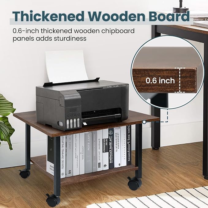 SwaaVee Printer Stand, 2-Tier Under Desk Printer Stand, Printer Cart with Wheels for Home, Office, Heavy-Duty Storage Shelf, Rustic Brown