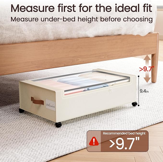 Yecaye 82 L Under Bed Storage with Wheels, 9.4 in Under Bed Storage Containers, Large Under Bed Shoe Storage with Lids, Rolling Underbed Storage bins for Clothes, Blankets, Beige