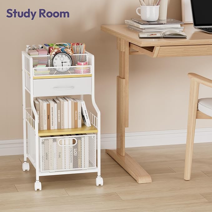 SWTYMIKI Under Desk Storage Cart- Art Storage Cart with Drawers & DIY Divider - Office Cart Organizer Under Desk Shelf, Craft Rolling Cart for Office, Craft Room & Studio White