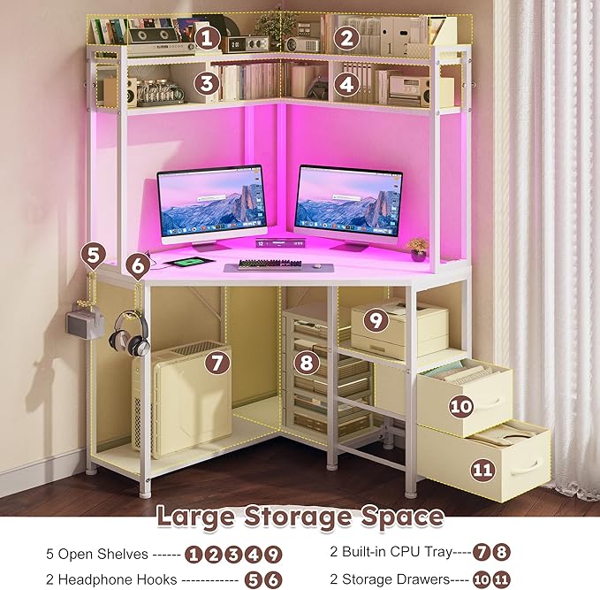 DurayLoly 63" Triangular Corner Desk with Hutch,Ample Storage for Small Room,Spacious 36" W Desktop,2 Fabric Drawers and Bottom Wooden Shelves,Versatile Computer Desk that Meets All Your Needs,White