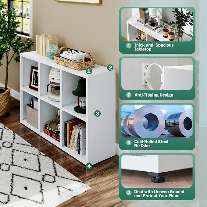 IRONMIX White Cube Storage Organizer, Metal Short Bookshelf with Storage, Modern 2 Tier Horizontal Bookshelf, Short Cabinet Display Case, Small Cube Bookcase for Home Office Library (White, 700+1037)