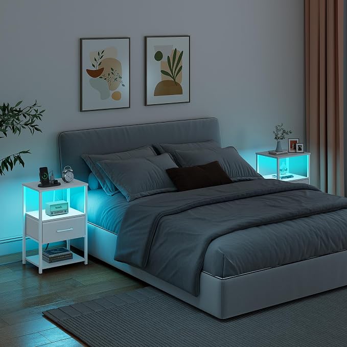 TUTOTAK LED Nightstand Set of 2, Night Stand with Charging Station, End Table, Bedside Table with Fabric Drawer, Side Table for Livingroom and Bedroom, Whtie TB01BW0692L