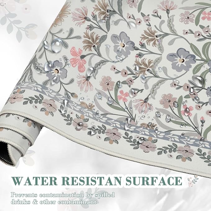 iCasso Aesthetic Floral Desk Mat, L Mouse Pads, Anti-Slip Mousepad with Stitched Edges, Waterproof Computer Pad 11.8"x31.5", Desk Accessories Office Decor for Women(Gray Floral)