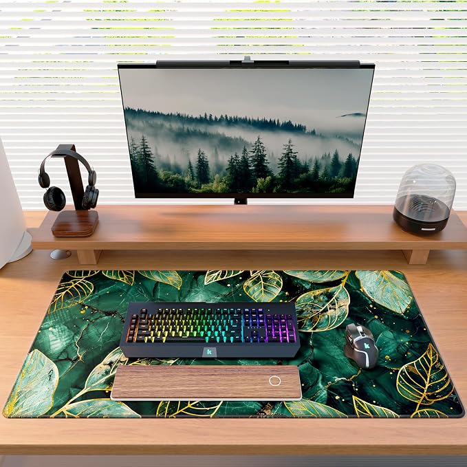 KTRIO Large Gaming Mouse Pad, Desk Mat, 31.5 x 15.7 in, Green Leaves, XXL | Smooth Micro-Weave Surface, Artistic Pattern Design, Non-Slip Rubber Base, Durable Stitched Edges, Office & Home Use