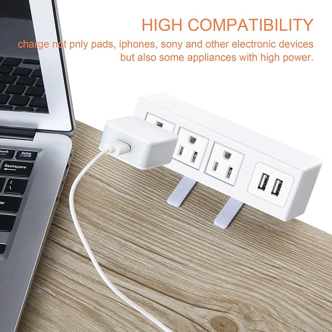 3 Outlet Desk Clamp Power Strip, Desktop Power Strip with USB Ports, Desk Mount USB Charging Power Station, on Desk Edge Power Outlet 125V 12A 1500W, 10 FT Desk Outlet Strip. (White)
