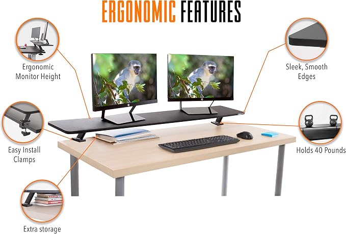 Stand Steady 55 Inch Clamp On Desk Shelf | Large Monitor Riser Supports 3 Screens for Extra Storage | Ergonomic Monitor Stand Securely Attaches to Surface with Clamp Base - No Screws (55 in/Black)