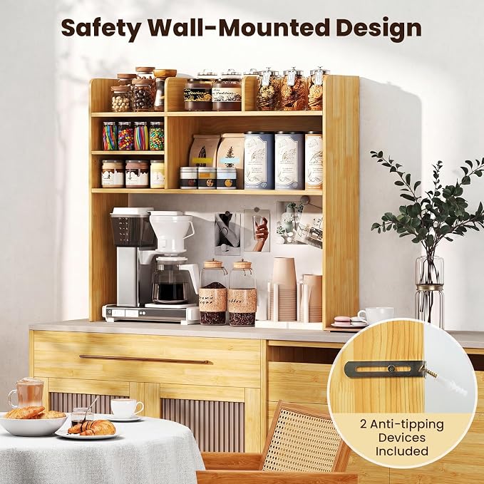 Giantex Desktop Bookshelf, 37" Desk Hutch Dorm for Computer Up to 32 Inch, Countertop Hutch w/6 Storage Shelves, 3-Tier Desktop Organizer Display Rack, Wood Desk Shelf for Home Office (Burlywood)