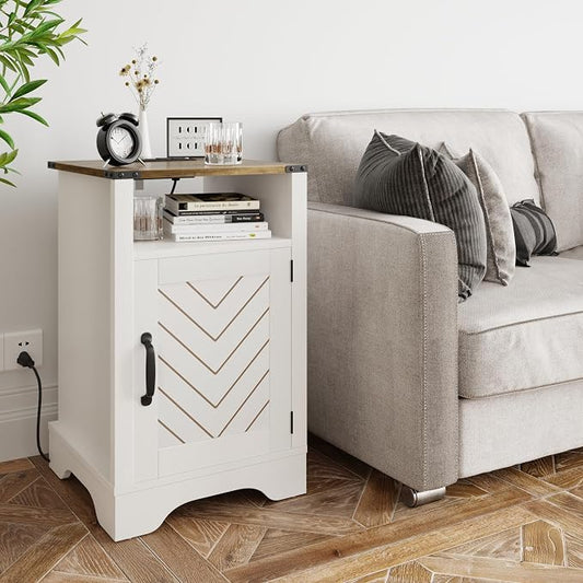 RoyalCraft 25" Tall Farmhouse Nightstand with Charging Station, White End Table with Storage, Large Wooden Rustic Bedside Table for Bedroom, White and Rustic Oak