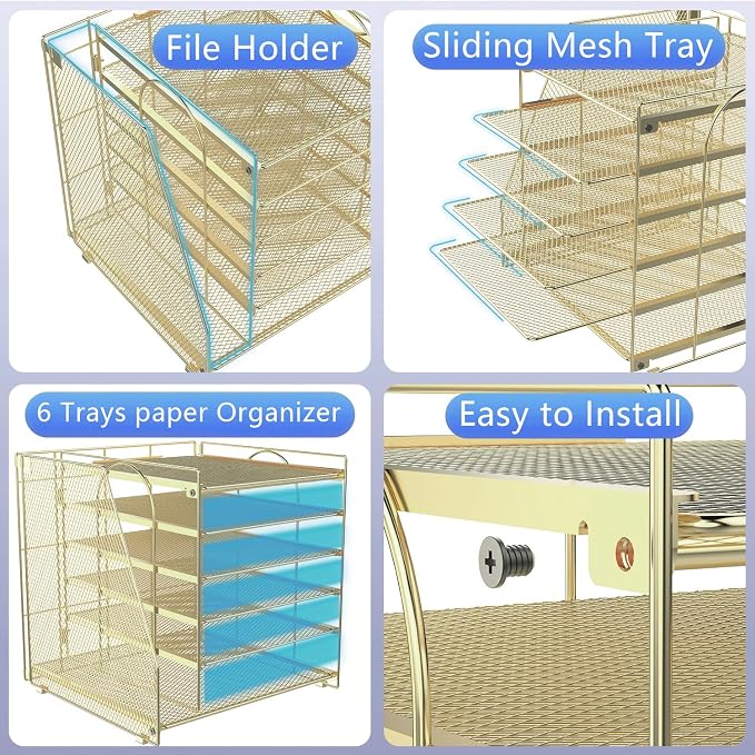 gianotter 6-Tier Paper Organizer With Magazine Holder, Desk Organizers and Accessories, Desk Accessories & Workspace Organizers, File Organizer for Office Supplies Storag (Gold, 6-Tier)
