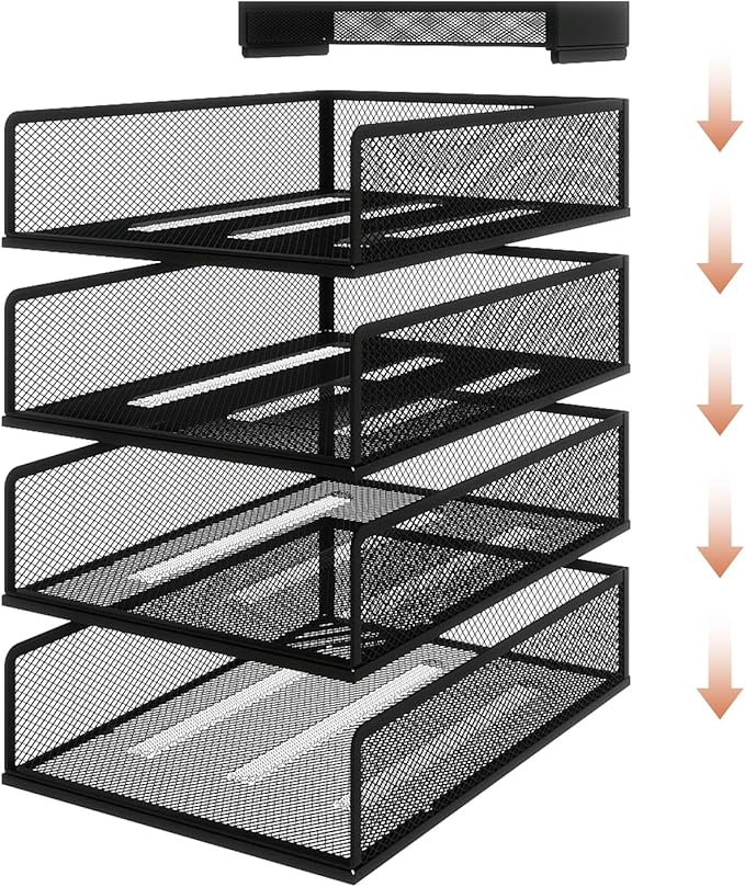 Natwind 4 Tier Stackable Paper Trays for Letter Documents, Desktop File Organizers for Office Supplies, Metal Mesh Desk Organizer，Office Organizer，Letter Trays for Home, Office, School，Black