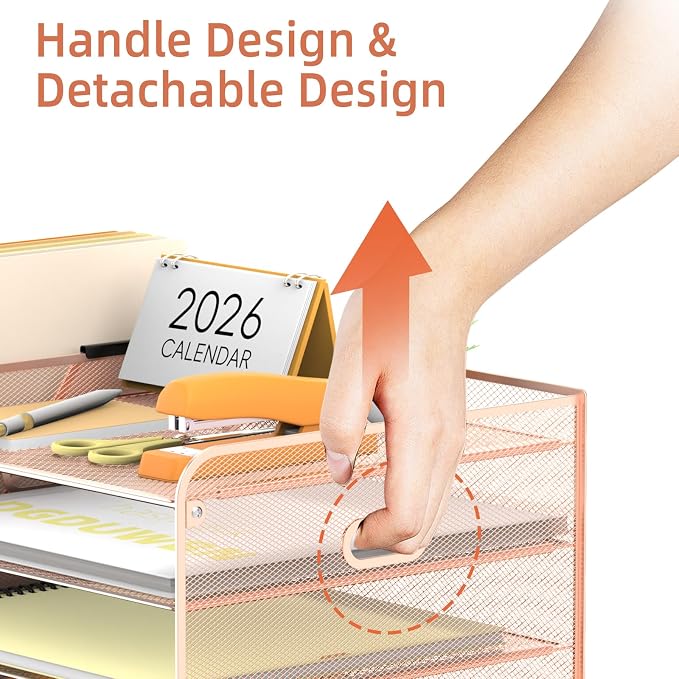 SUPEASY Mesh Desk Organizer with File Holder, 5-Tier Paper Letter Tray Organizer with Magazine Holder, Desktop Organizer and Storage with Drawer for Office Supplies Home or School (Rose Gold)