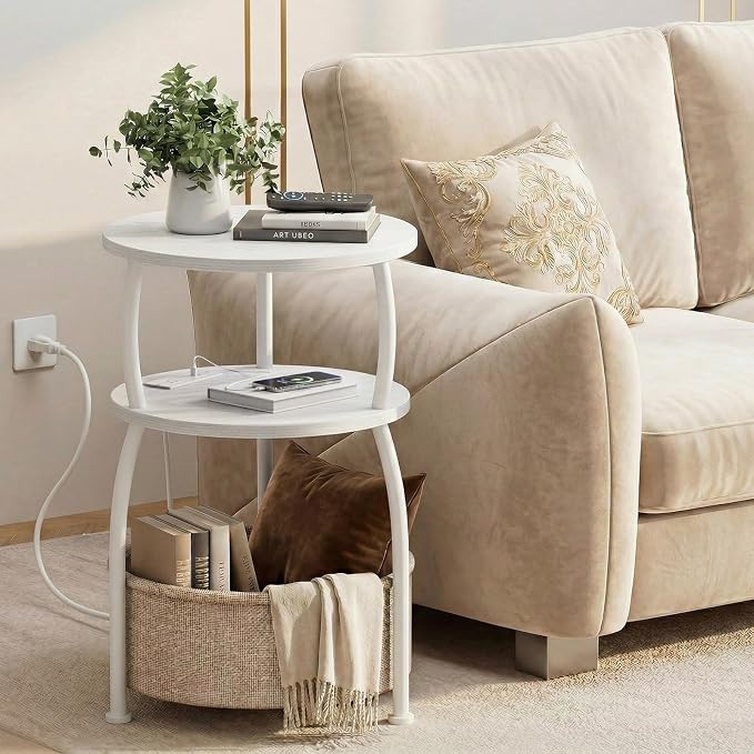 Round End Table with Charging Station, USB Ports, 15.75in Small Side Table with Storage Basket, Coffee Table Sofa Side Table for Small Spaces, Nightstand for Living Room Bedroom Matte White