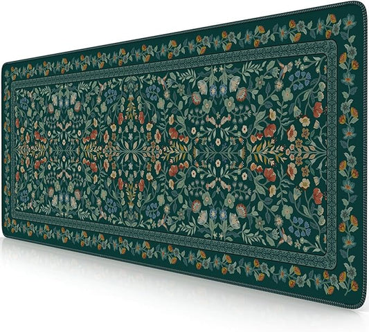 iCasso Aesthetic Floral Desk Mat, L Mouse Pads, Anti-Slip Retro Mousepad with Stitched Edges, Waterproof Computer Pad 11.8"x31.5", Desk Accessories Office Decor for Women(Deep Green)