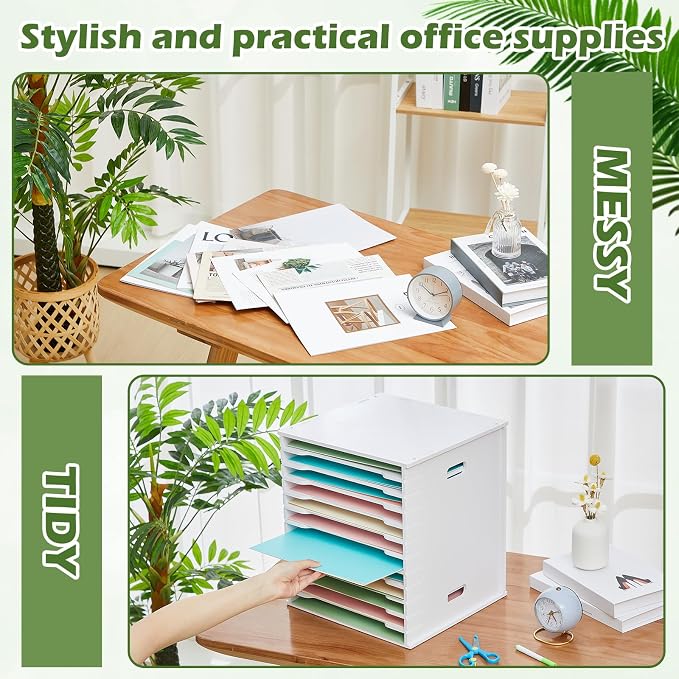 Juexica 12 Tier 8.5" x 11" Scrapbook Paper Organizer, White Cardstock File Organizer with Adjustable Shelves, Stackable Paper Trays, Desktop Storage Rack Document Holder for Desk Home Office