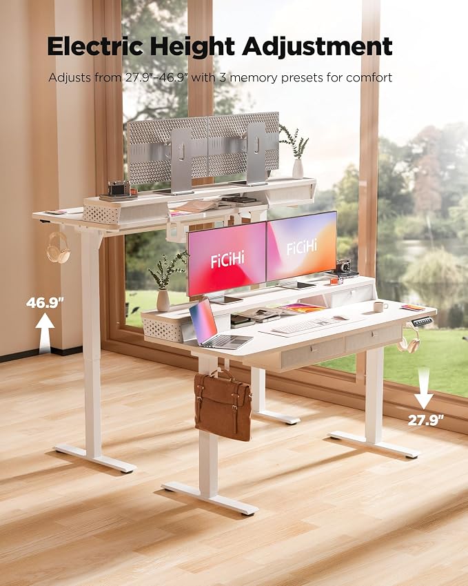 FiCiHi Electric Standing Desk with Four Drawers, 48 x 24 Inch Adjustable Height Sit Stand Desk, C-Clamp Compatible Home Office Desk with Storage Shelf & Monitor Stand Riser, White