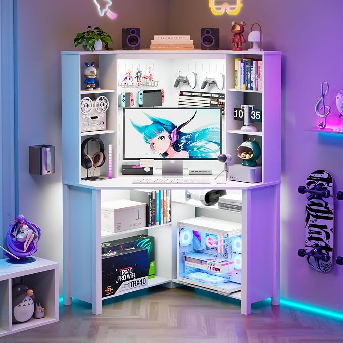 Corner Desk with Shelves-&LED Reading Light,Triangle Home Office Desk w/Charging Station for Work & Study,File Cabinet Storage Bookshelf for Small Space (White)