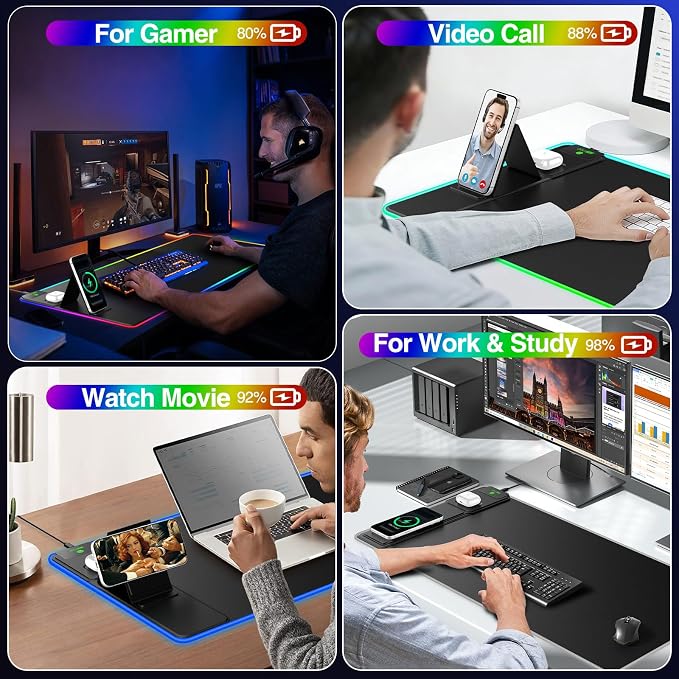 XXL RGB LED Gaming Mouse Pad with Magnetic Wireless Charger & Foldable Phone Holder, 31.5"x15.8" Extended Ultra-Smooth Desk Mat, 25 Lighting Effects, Non-Slip Base
