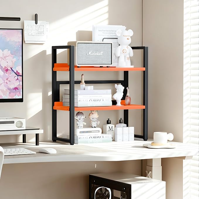 Brakki Desk Shelf Organizer, Adjustable 2 Tier Metal Desktop Shelves, Desktop Bookshelf Organization with Foot Mat, Multi-Functional Small Storage Rack for Office Dorm Home, Black and Orange