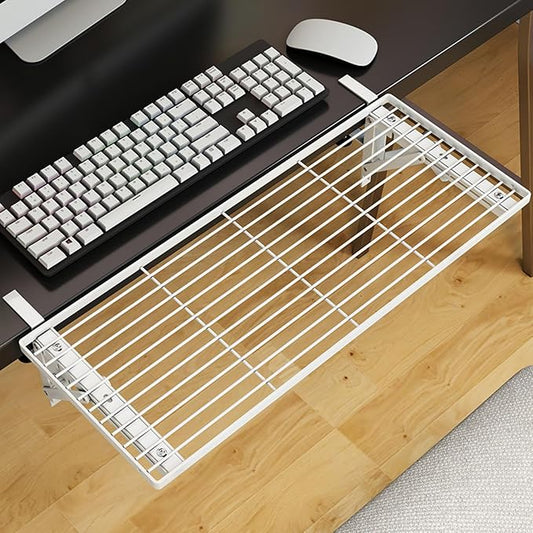 Desk Extender Side Table,Keyboard Tray,Desk Extender,No Drilling Installation，Carbon Steel Baking Paint，Can be Used for Desk Extension，Keyboard Tray Under Desk clamp (Skeletonization), White