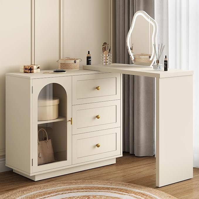 RoyalCraft 59” Large Makeup Vanity Desk, Beige L Shaped Corner Vanity Table with 3 Drawer & 1 Door, Modern Extendable Dressing Table, Vanity Dresser Combo for Bedroom, Dressing Room (Without Mirror)