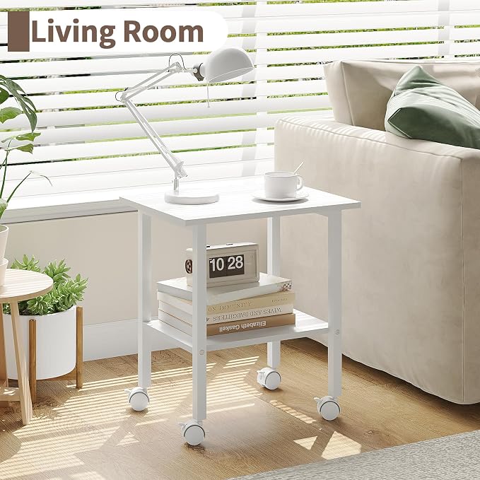 2 Tier Printer Stand with Storage, Under Desk Printer Table, Space-Saving Printer Table with Locking Wheels, Rolling Printer Cart for Home Office, White