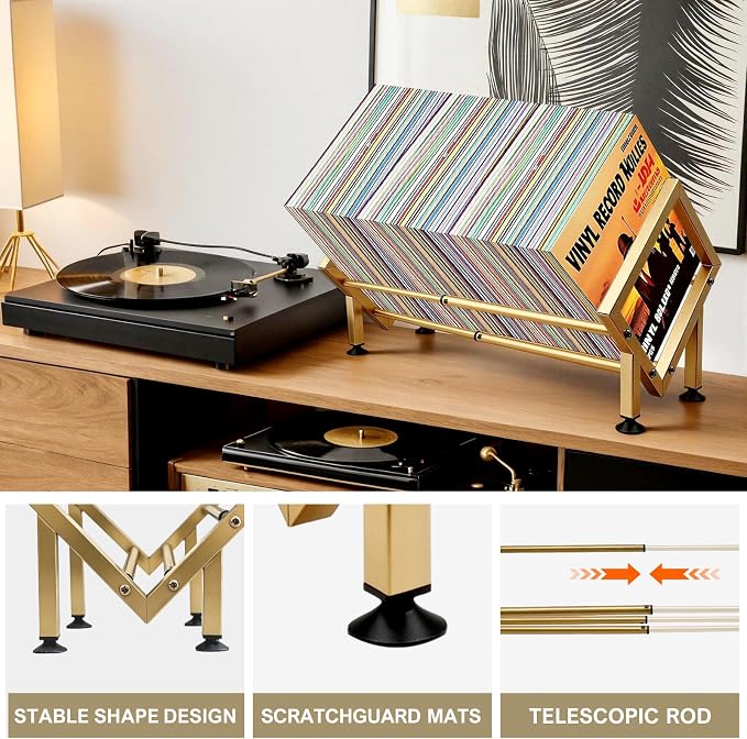 Expandable Desktop Bookshelf Organizer, Small Tabletop Book Storage Rack, Portable Mini Bookcase for Books/CDs/Magazine Display, Desk Shelf for Top of Desk in Living Room, Office, Home Decor (Gold)