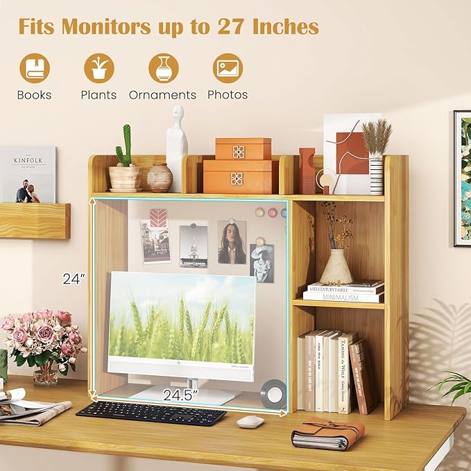 Desktop Bookshelf, 3-Tier Desk Organizer Shelves with 5 Display Rack, Countertop Storage Bookcase for Computer Desk, Desk Hutch Shelf for Top of Desk, Dorm, Home, Office (Oak)