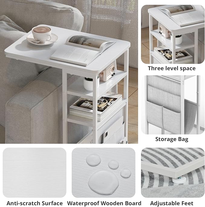 C Shaped End Table 28"(H) 3-Tier C Table with Storage Bag, Under Couch Table C-Shaped End Table with Storage Shelves and Bag for Living Room, Bedroom, or Office