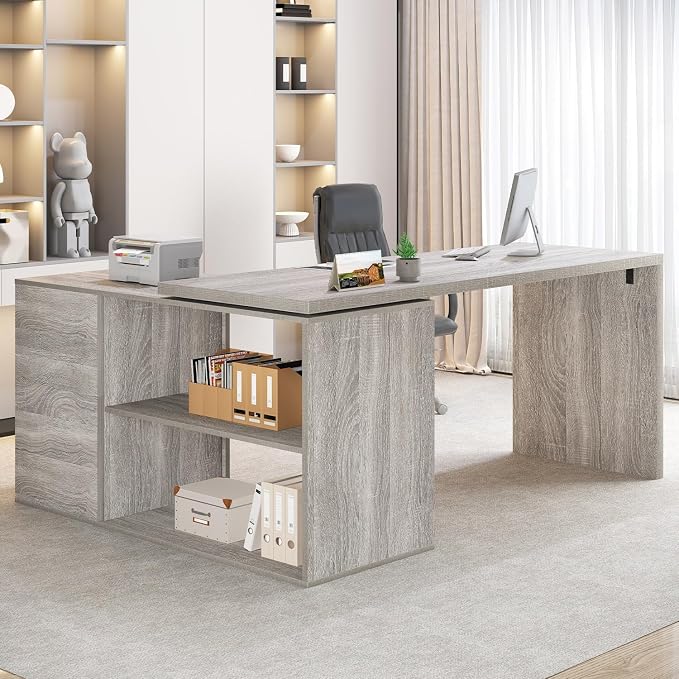 HSH L Shape Desk with Drawers, L-Shaped Desk with Storage Cabinet Shelves, Home Office Corner Computer Desk for Executive Writing, Modern Wood Study PC Table in Bedroom Living Room, Grey Oak, 55 Inch