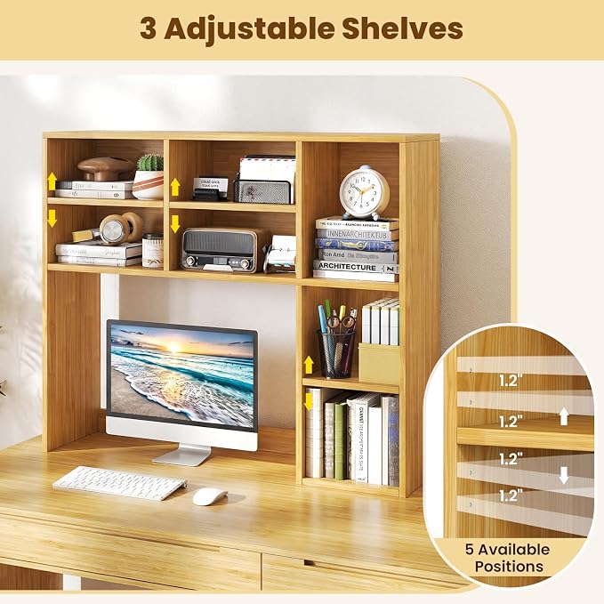 Giantex Desktop Bookshelf, Desk Hutch Dorm w/ 7 Cubes & 3 Adjustable Shelves, Desk Shelf for Up to 27" Computer Monitors, Wooden Desktop Storage Organizer for Dorm College Office Home (Burlywood)