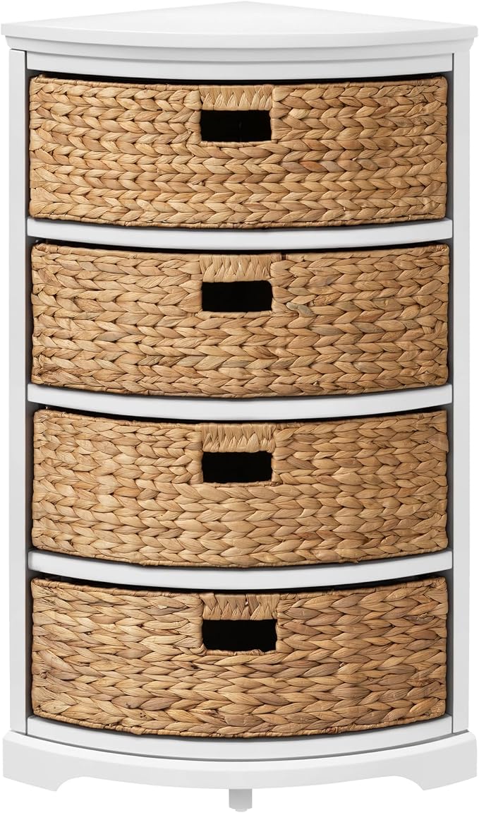 eHemco Hampton Meadows 4 Tier X-Side Corner Table Storage Cabinet with 4 Wicker Baskets, White