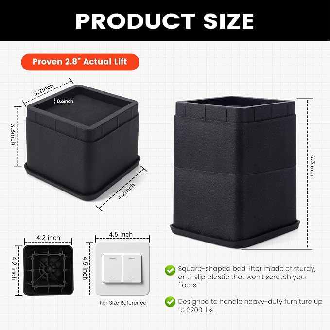 BTSD-home 3 Inch Bed Risers, Heavy Duty Furniture Risers for Under Bed Storage, Dorm, Sofa, Table, Chair and Desk, 4 Pack, Black