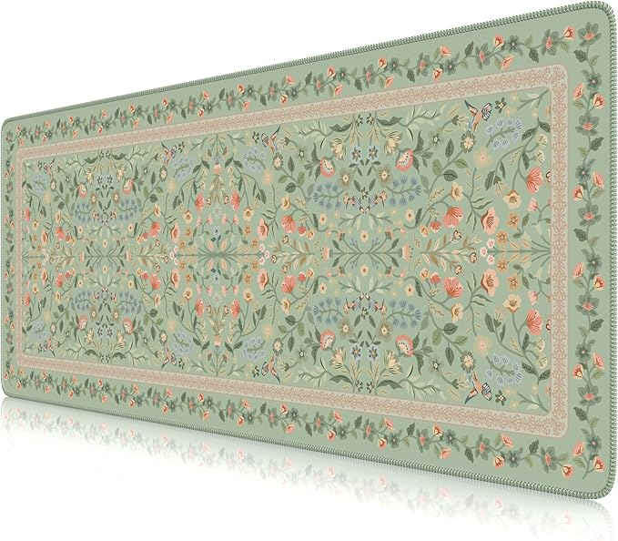 iCasso Aesthetic Floral Desk Mat, L Mouse Pads, Anti-Slip Mousepad with Stitched Edges, Waterproof Computer Pad 11.8"x31.5", Desk Accessories Office Decor for Women(Light Green)