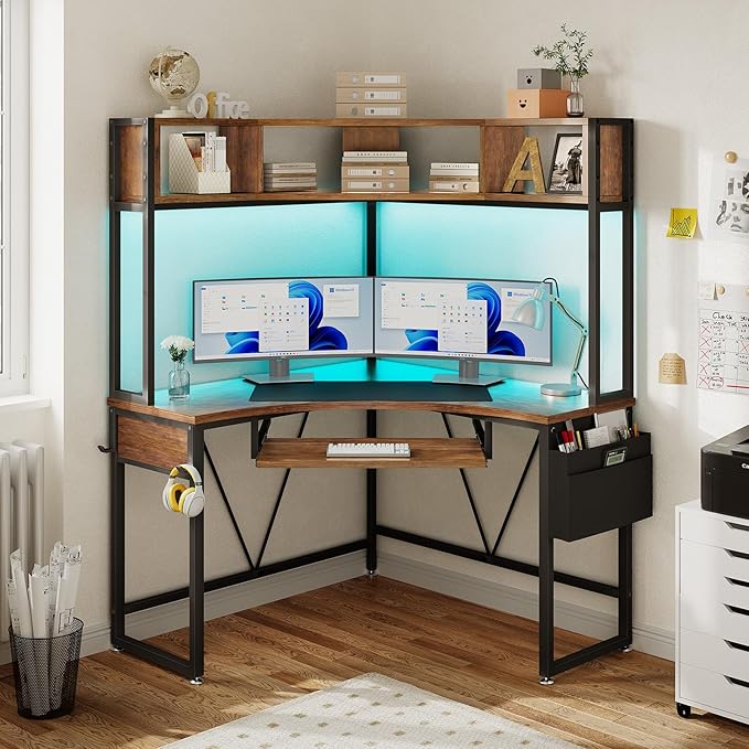 SEDETA Corner Desk, 39" W x 62" H Small Office Desk with Hutch & LED Lights, Triangle Gaming Computer Desk with Keyboard Tray, Storage Bag, and Headphone Hook for Small Space, Rustic Brown